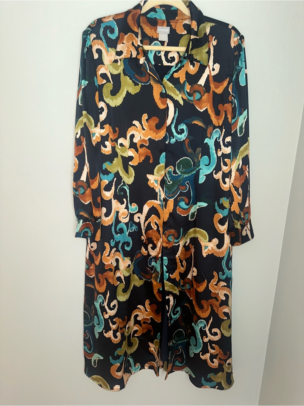 Chico's Multicolor Abstract Print Maxi Dress- Teal, Rust, Olive on Black